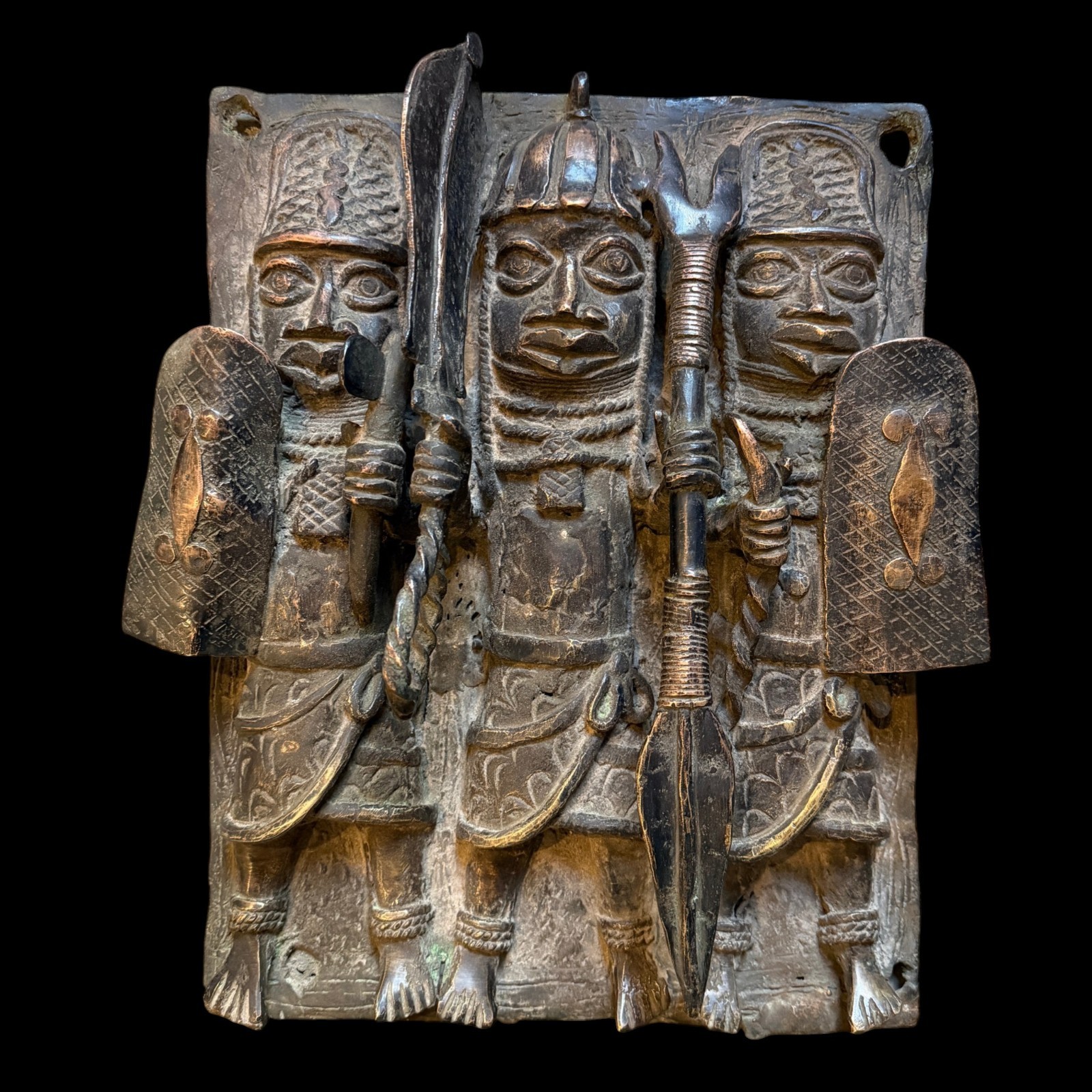 Antique Benin Bronze Plaque 1970s Royal Oba Court Warriors Lost Wax African Art