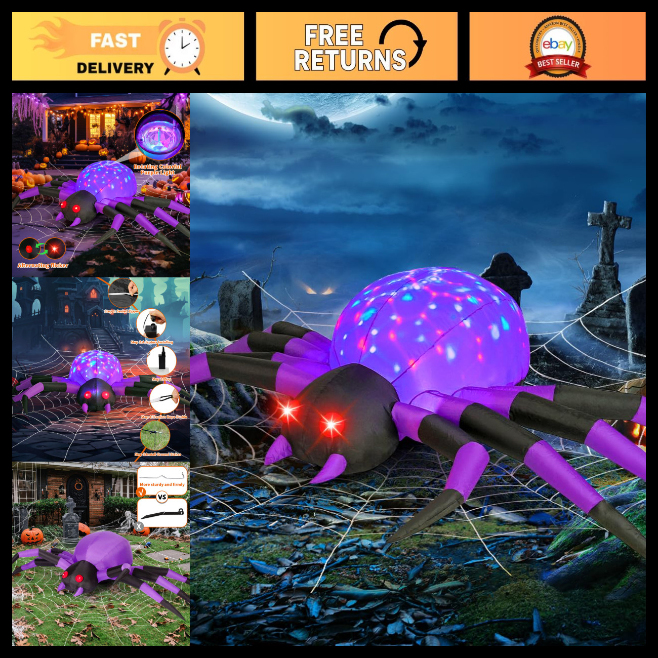 9FT Halloween Inflatable Purple Spider Yard Decoration with LED Lights, Outdoor