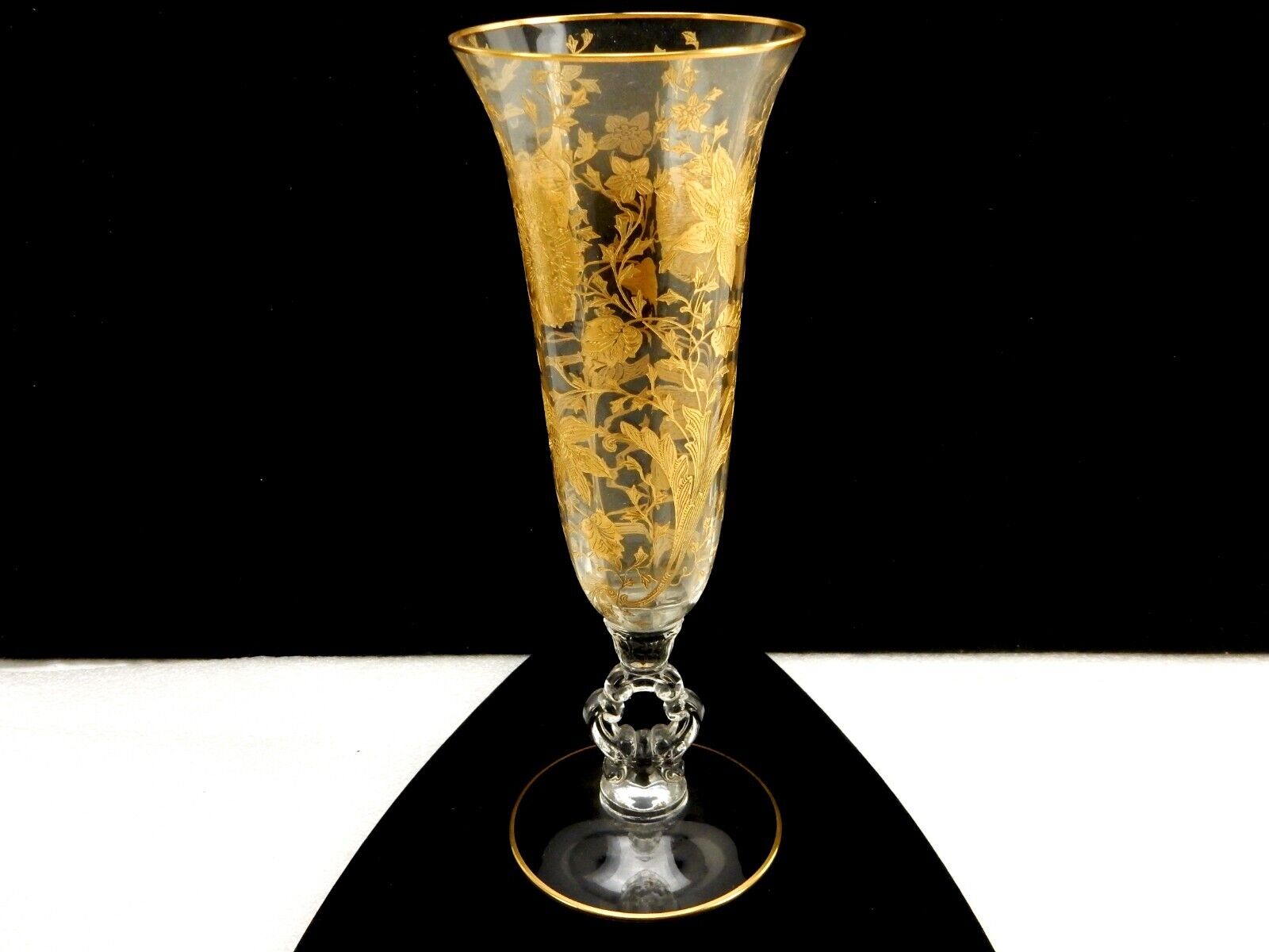 Cambridge Gilded Glass Wildflower Trumpet Vase, Keyhole Stem, Footed Disc Base