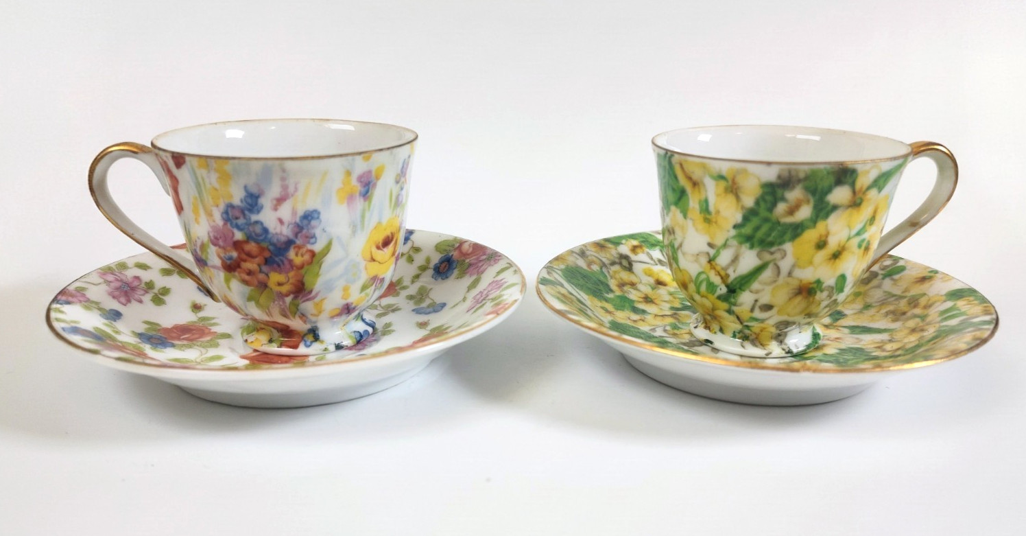 VTG 1940s Merit Occupied Japan Demitasse Cup Saucer Set Lot 2 Floral Chintz 
