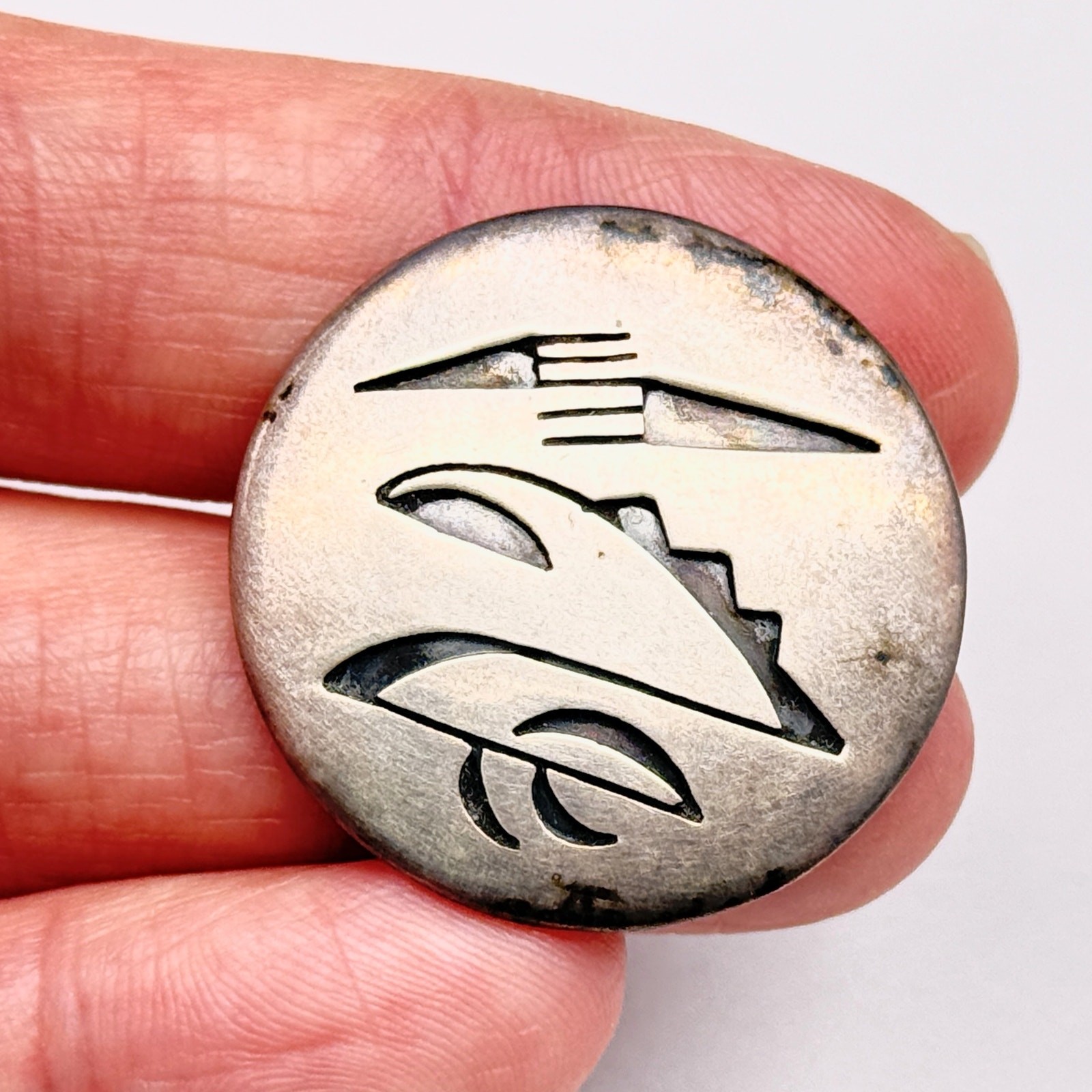 Vintage Navajo Native Roy Vandever Overlay Feather Silver Pin Brooch
