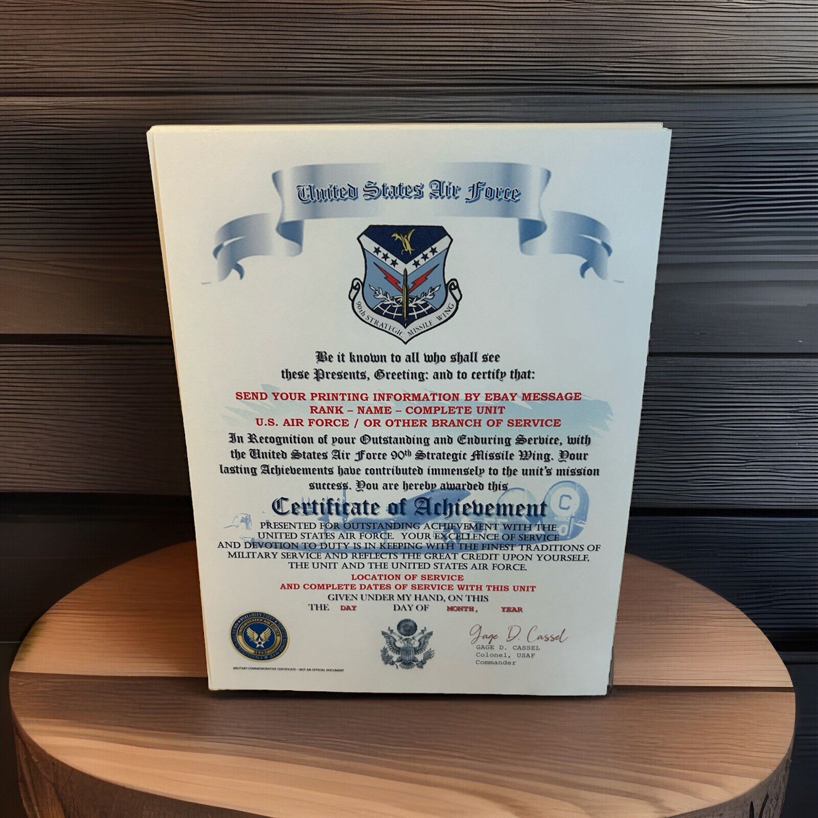 U.S.A.F. / AIR FORCE 90TH STRATEGIC MISSILE WING - CERTIFICATE OF ACHIEVEMENT