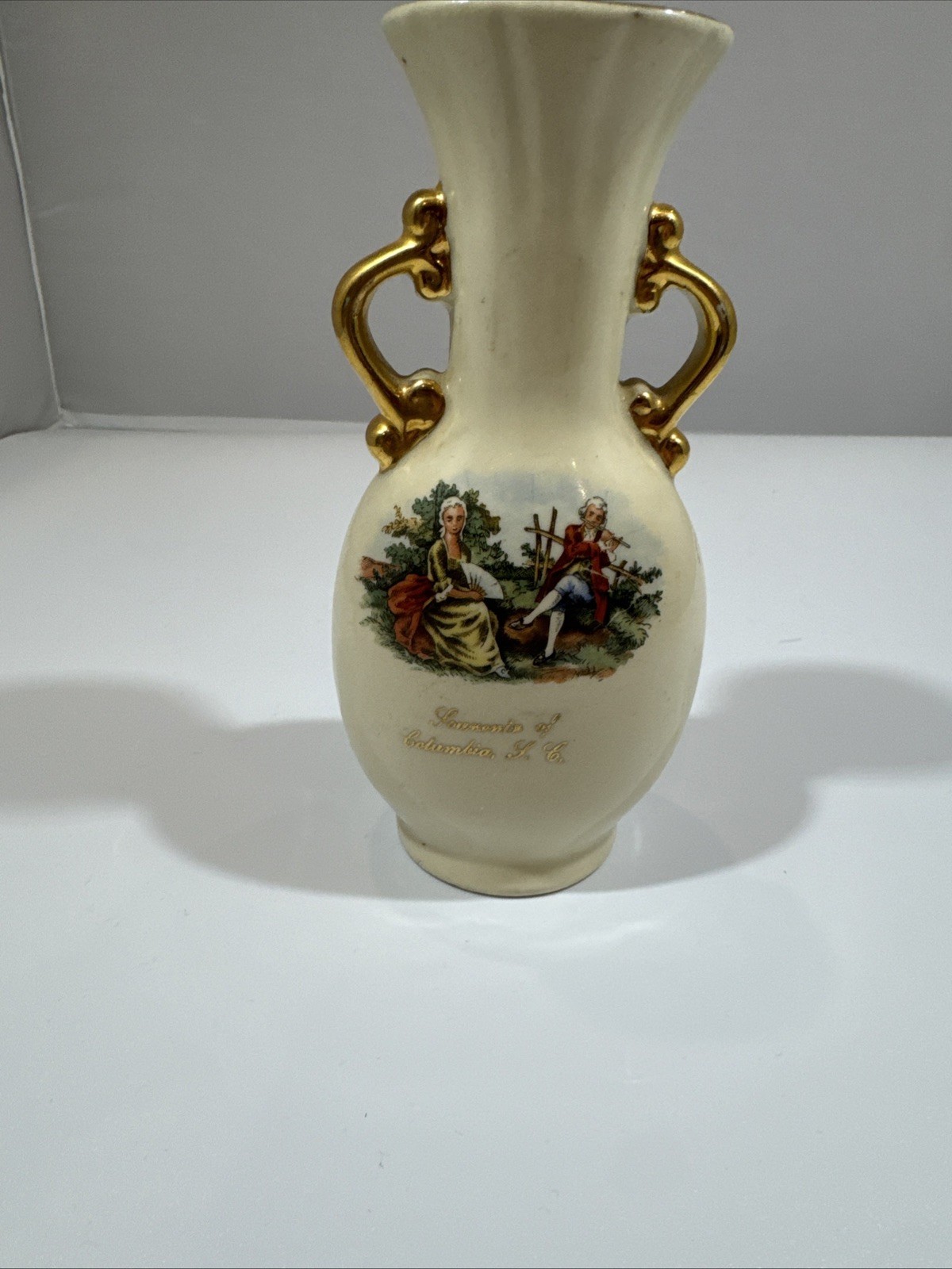 Vintage Porcelain Gilded Regency Vase Handles Souvenir Columbia SC MCM