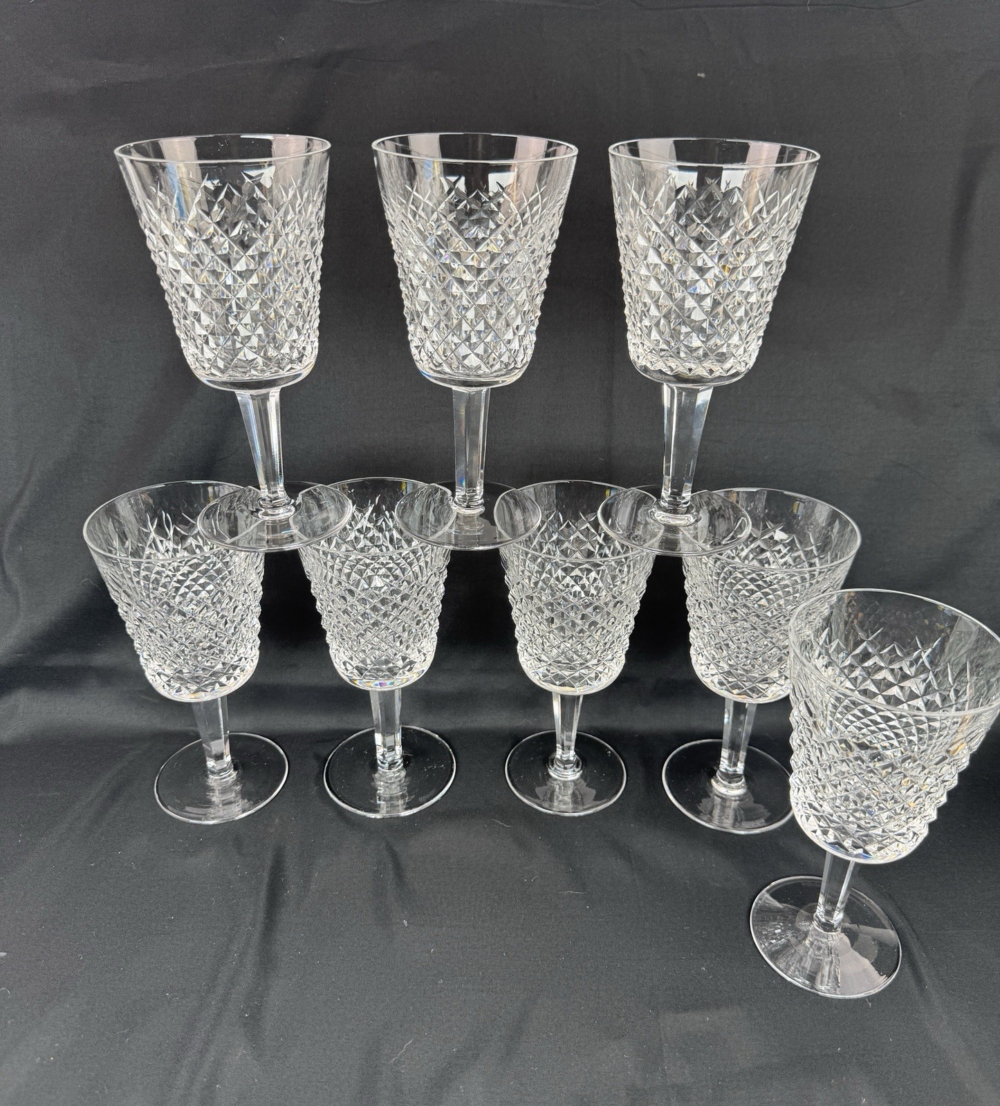 Waterford Alana Crystal Water Wine Goblets Set of 8 Diamond Cut Ireland MINT