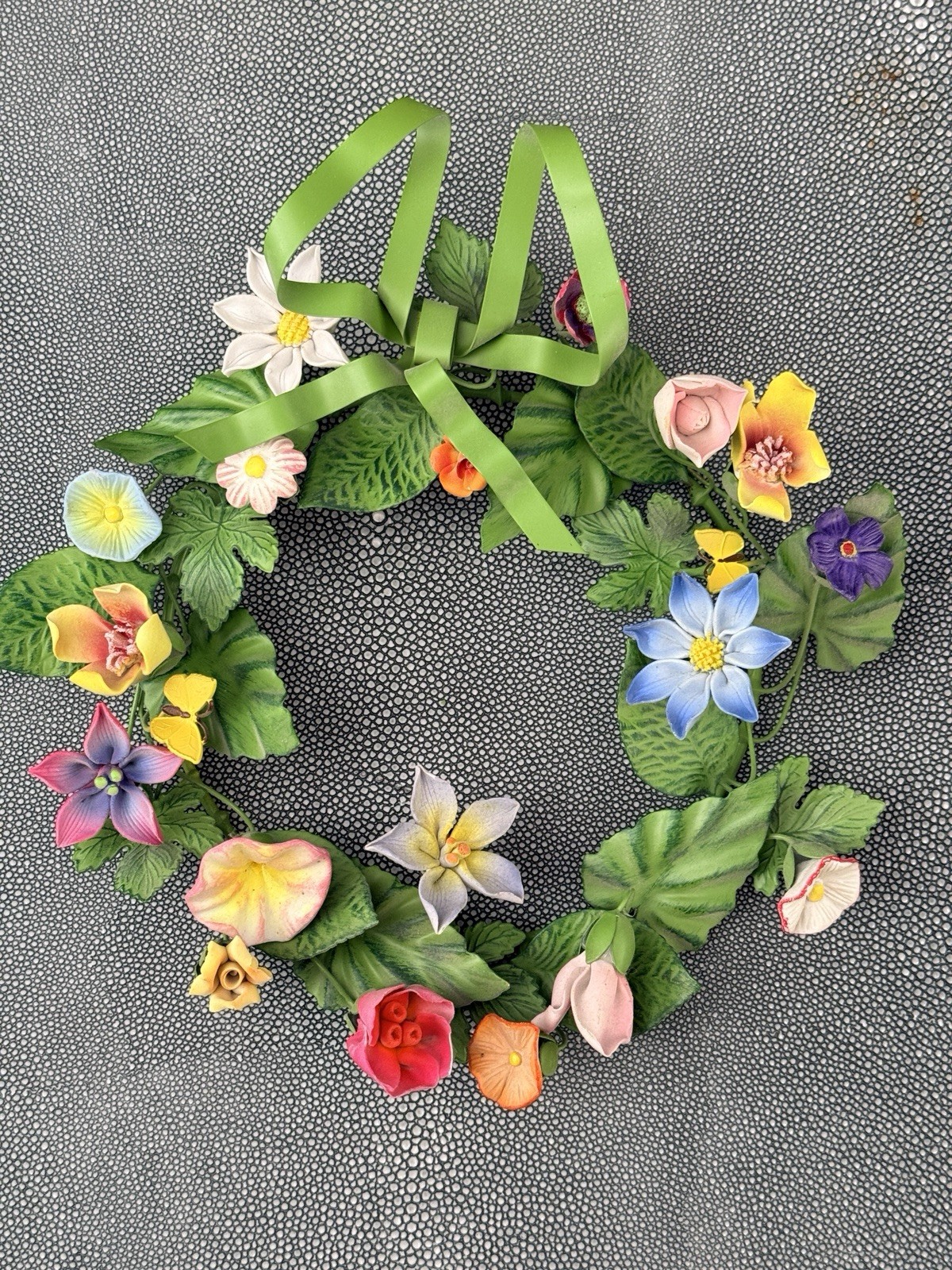 Vintage Tole Wreath With Spring Flowers Green Metal Bow, Bright Colors 11\