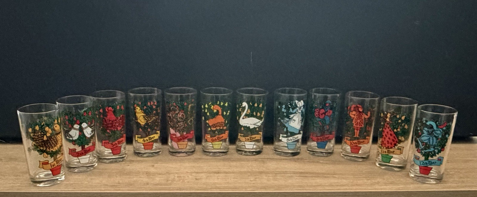 Vintage 12 Days of Christmas Drinking Glasses Complete Set of 12 Tumblers