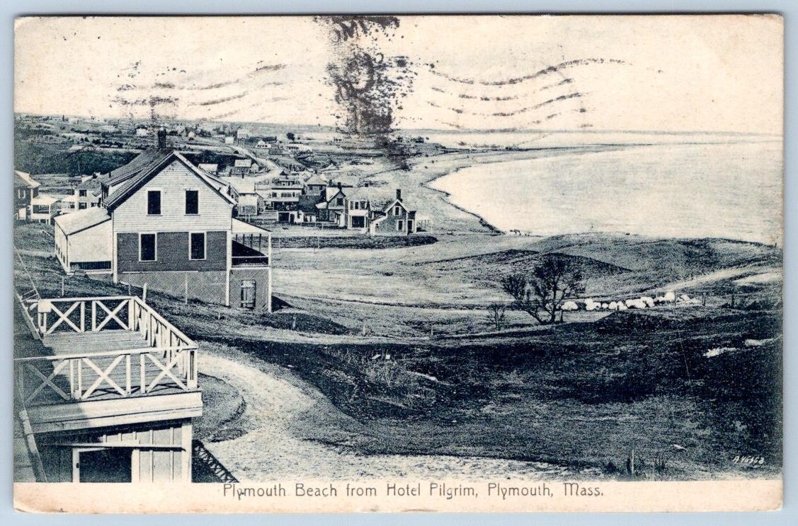 1914 PLYMOUTH BEACH from HOTEL PILGRIM MASSACHUSETTS HOUSES COTTAGES POSTCARD