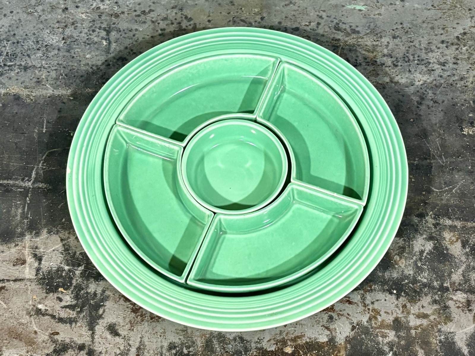 Vintage Fiestaware 6 Piece Relish Tray Complete Green Homer Laughlin USA Vintage Fiestaware 6 Piece Relish Tray Complete Green Homer Laughlin USA