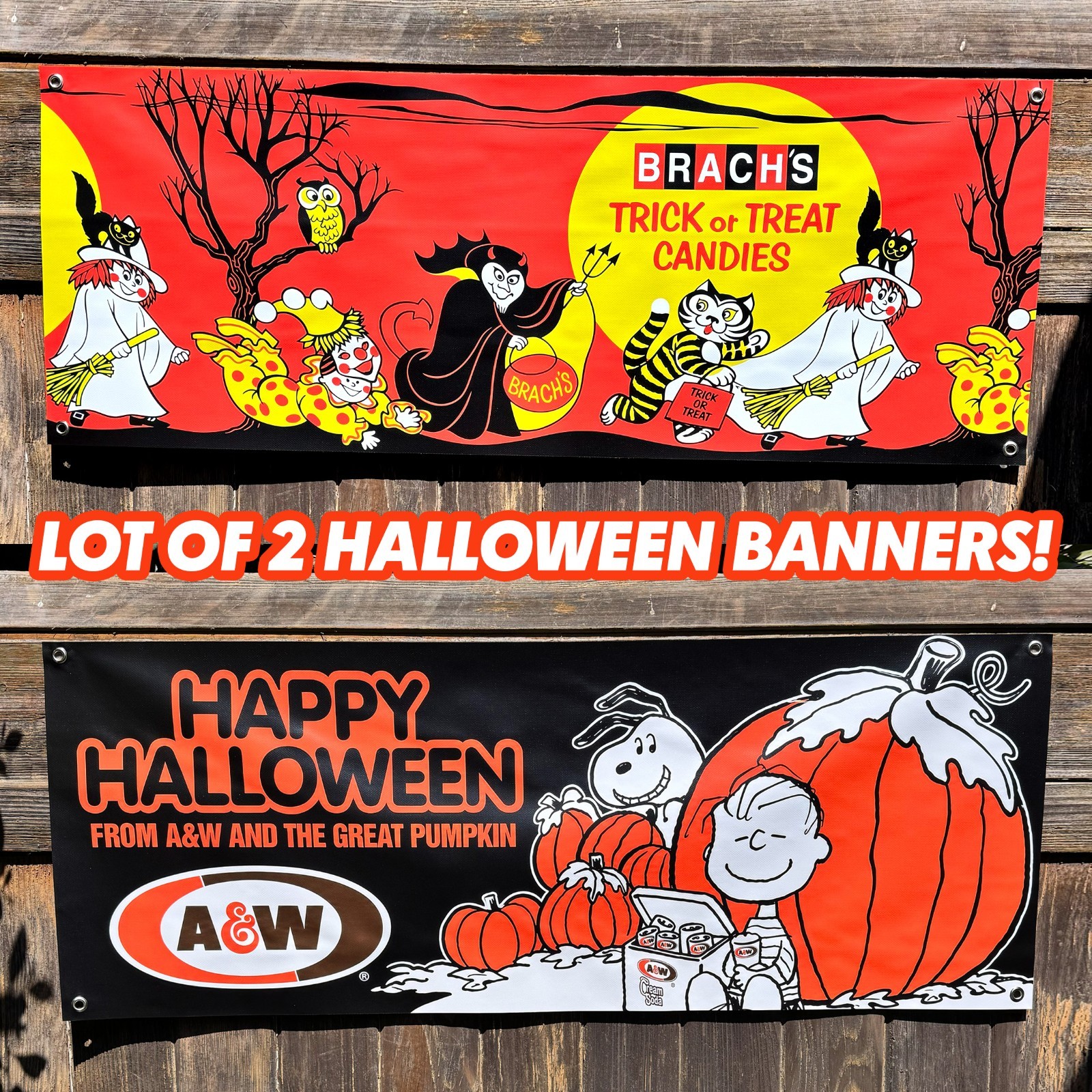 Brach's A&W Halloween Banners Lot of 2 Snoopy Great Pumpkin Vintage Style