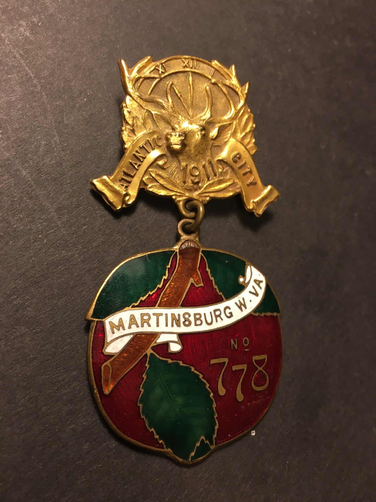 Atlantic City, NJ 1911 Elks Convention Badge Martinsburg W. VA Lodge 778 bronze