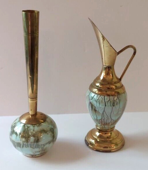 2 Vtg Delft Holland Bud Vase Hand Painted Turquoise and Brass Pitcher / Bud Vase