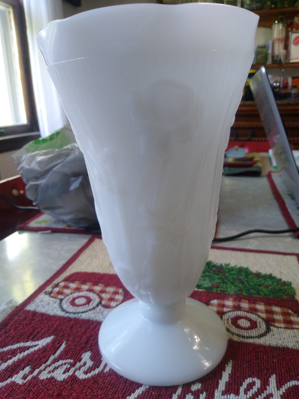Jeanette Herringbone Milk Glass Pedestal Vase, Vintage