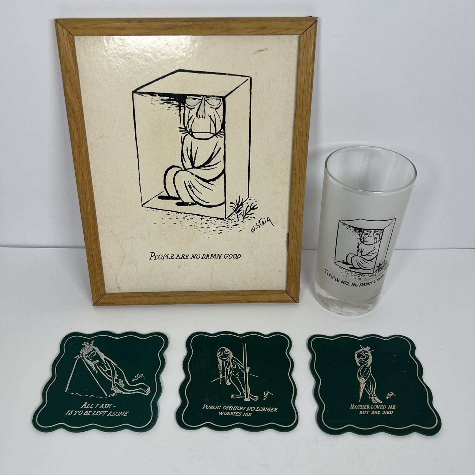 VTG WILLIAM Steig LOT Cartoon “PEOPLE Are NO Damn GOOD” MCM Glass Print Coasters