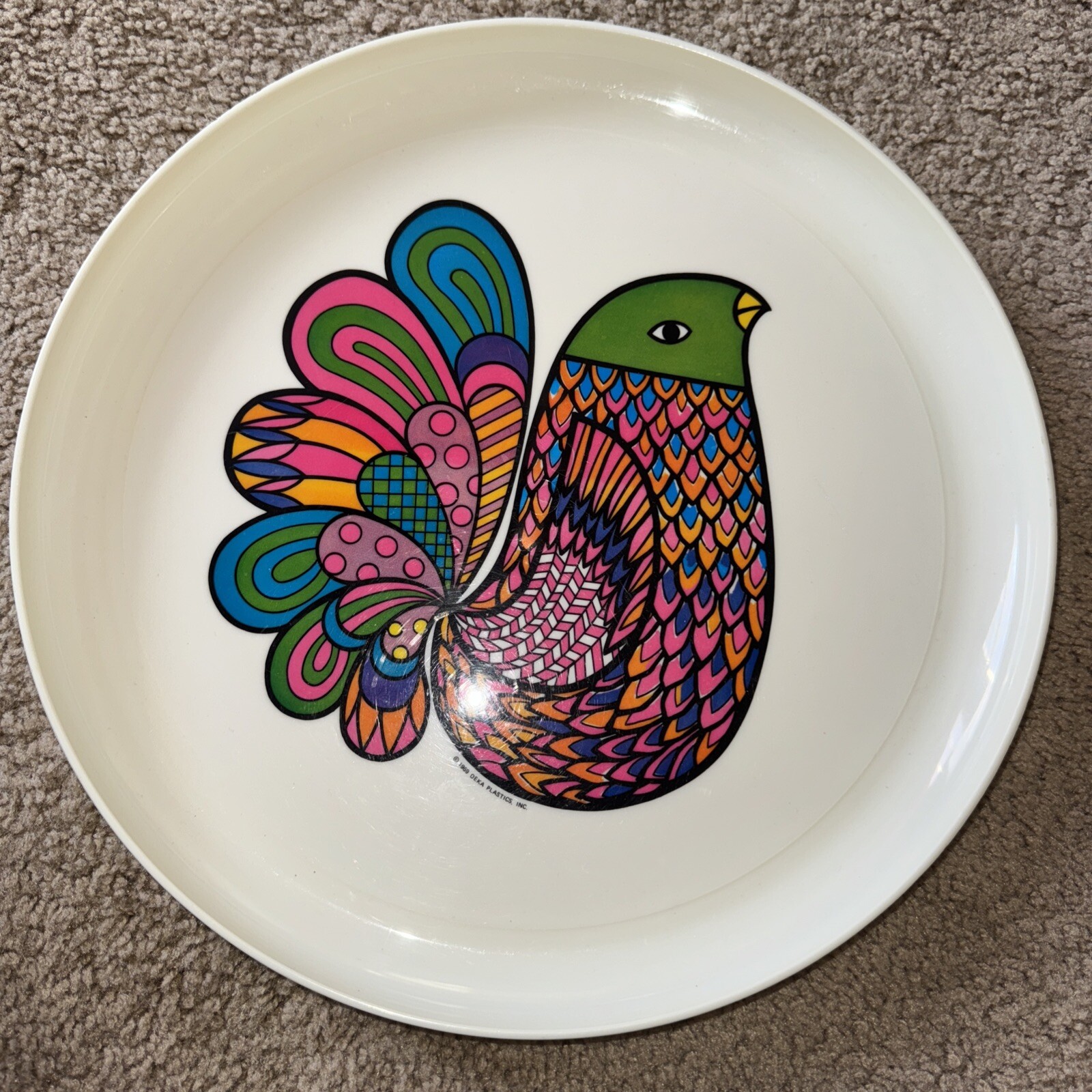 Vintage 1969 Deka Plastics Tot\' Em Tray No.140 Pop Art Bird Plume 12.75\