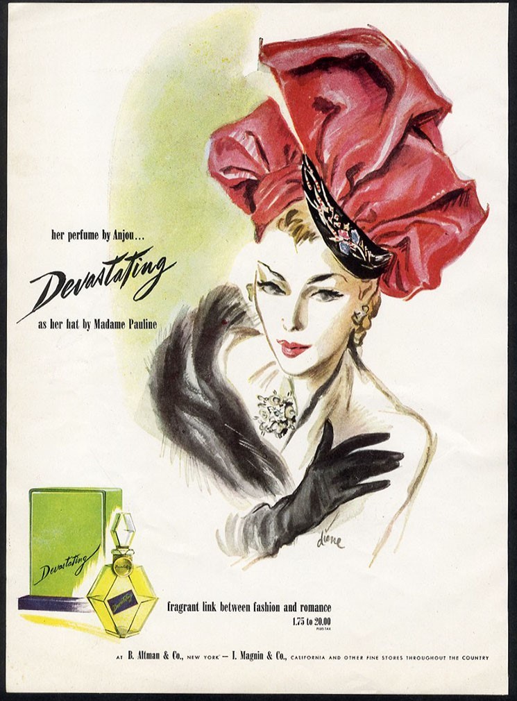 DEVASTATING ANJOU Perfume 1945 MAGAZINE AD Pretty Woman in Big PINK HAT 
