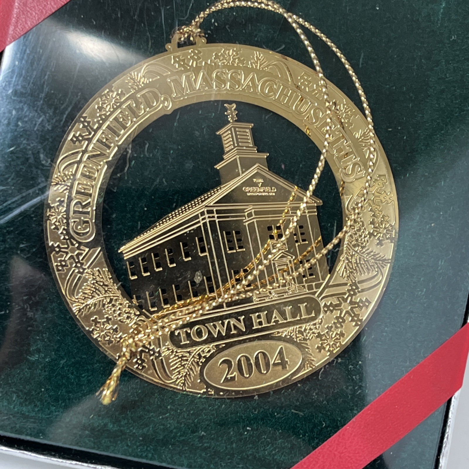 Greenfield MA Christmas Ornament 2004 Town Hall Gold Tone