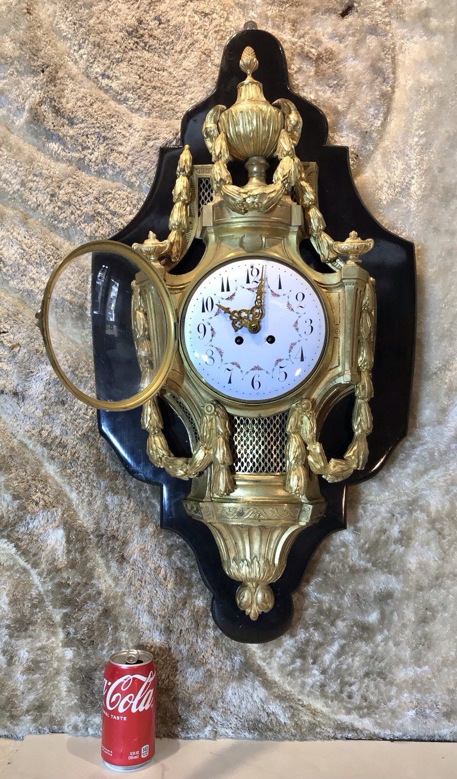 LARGE Antique French S. Marti Gilt Bronze Cartel,Strike Clock Porcelain Dial