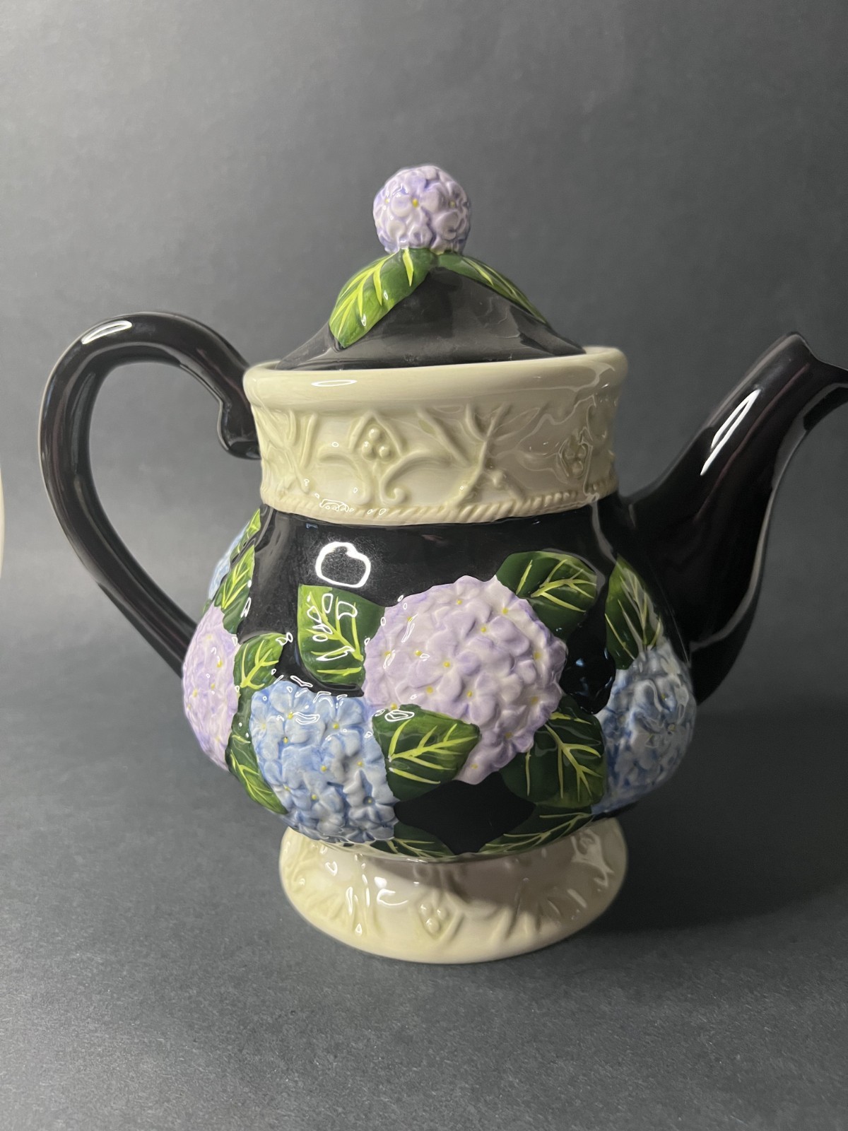 MWW Market Teapot Black w/Blue & Lavender Hydrangeas Floral Teapot