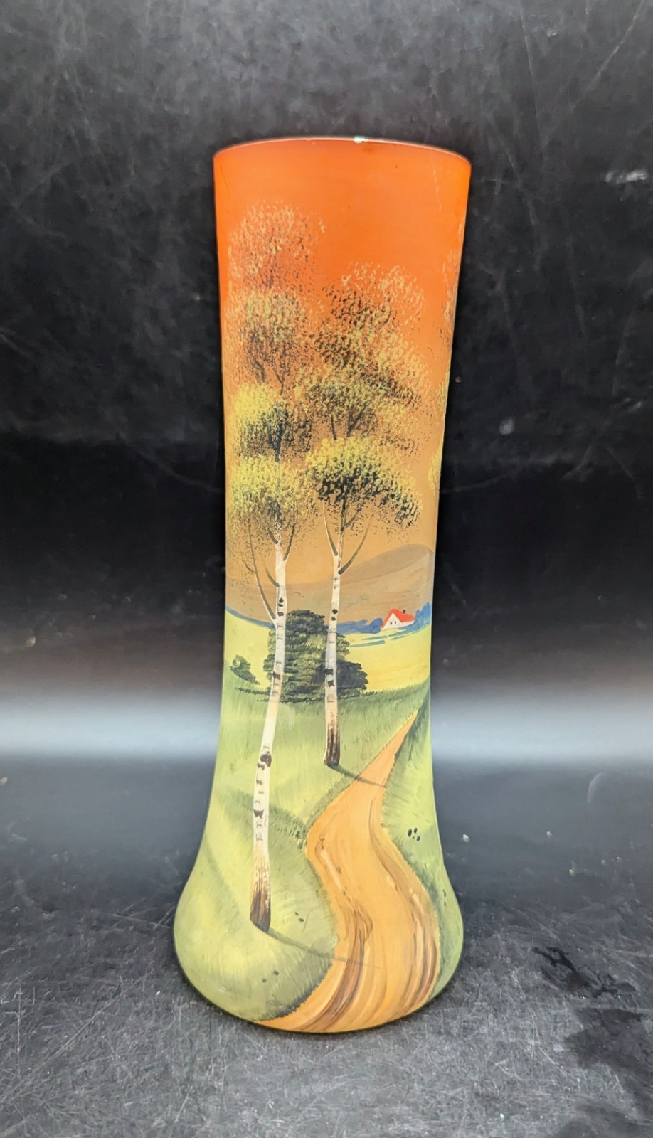Vintage Orange Czech Bohemian Hand Painted Art Glass Vase 9\