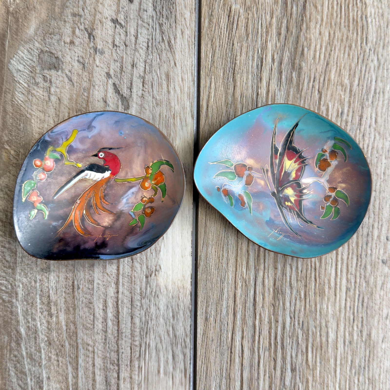 Set of 2 Vintage MCM Enamel Over Copper Trinket Dishes Bird Butterfly Holland