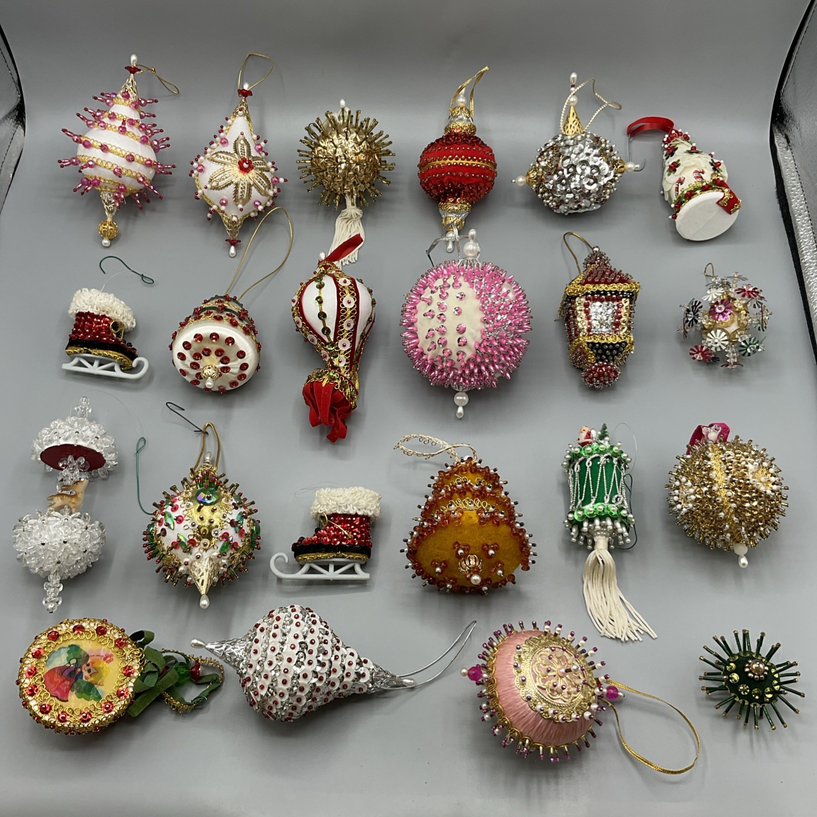 Lot of 22 Vintage Handmade Push Pin Bead Christmas Ornaments
