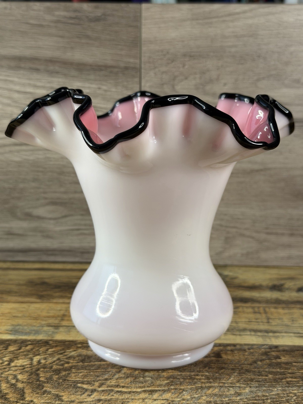 Vintage Fenton Glass Black Rose Crest Ruffled Top 6 1/2\