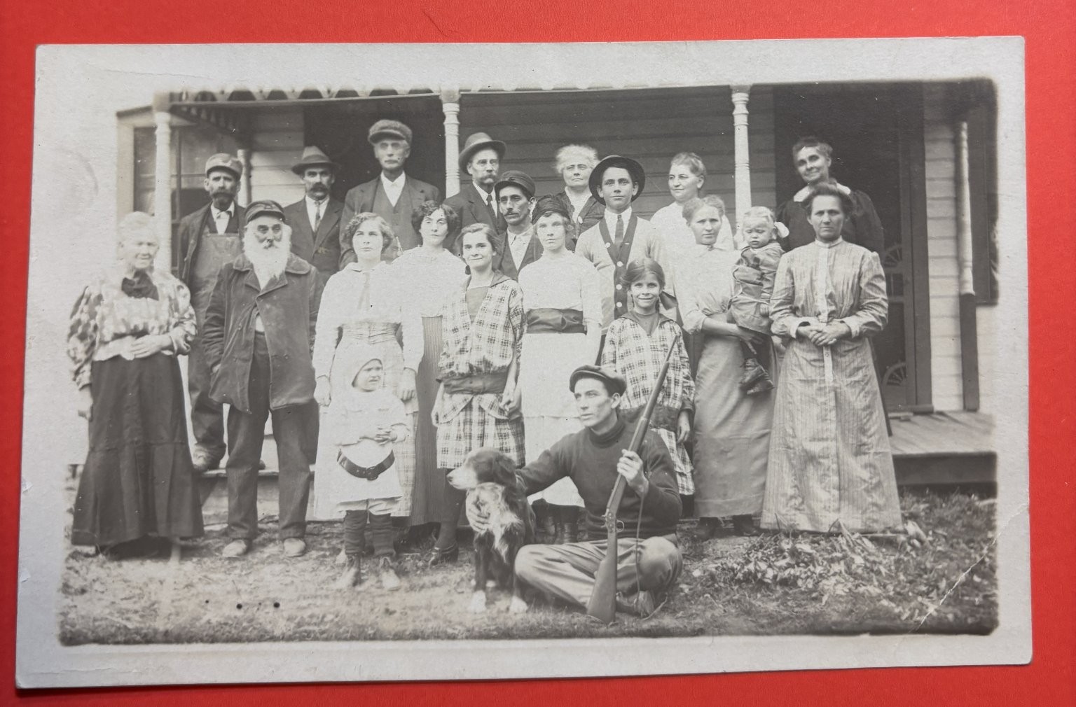 Vintage 1914 RPPC Large Family Portrait Strafford MO Man Dog Rifle Real Photo