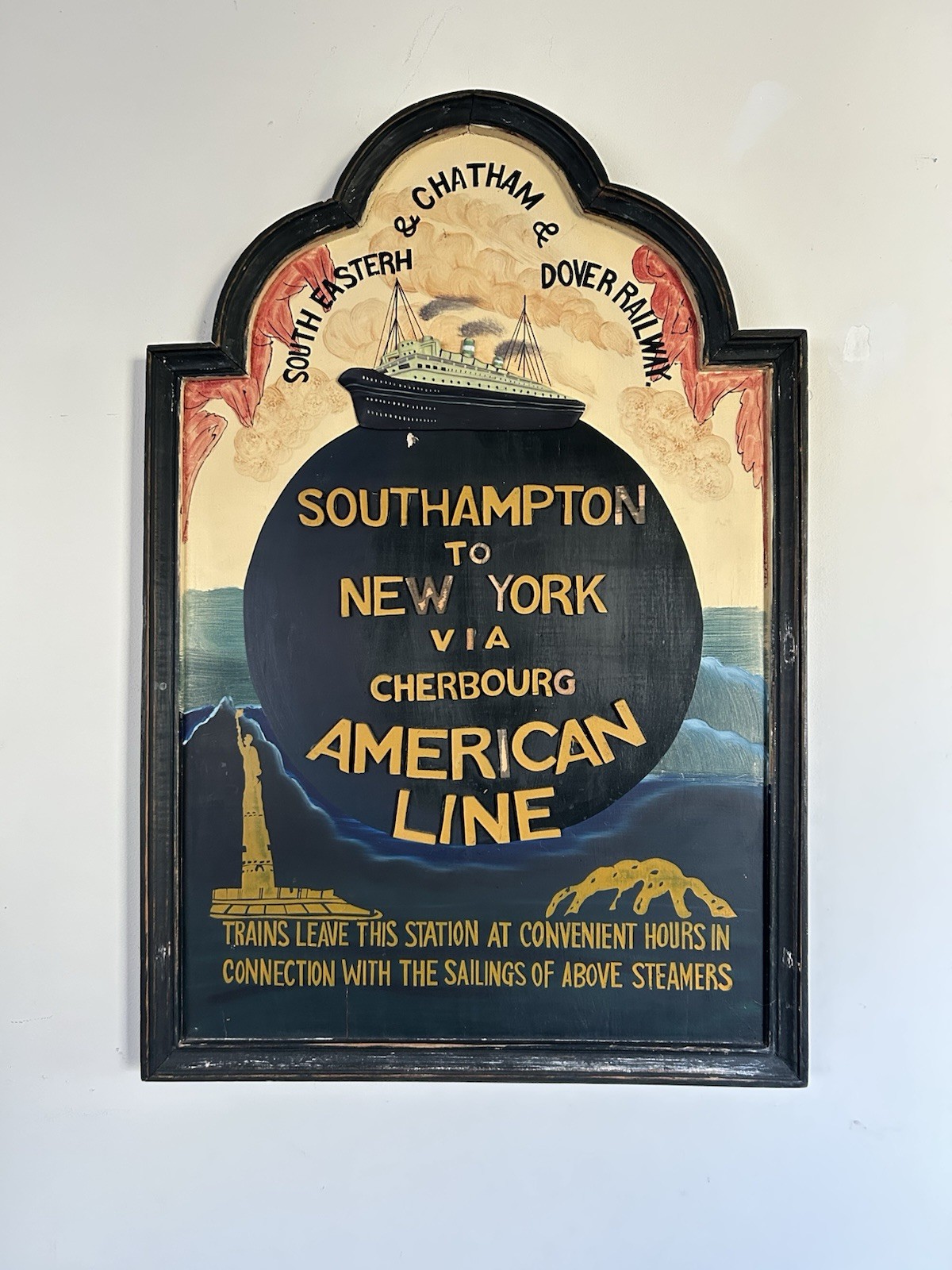 1950s vintage American Line Wood Southampton to New York railroad Sign