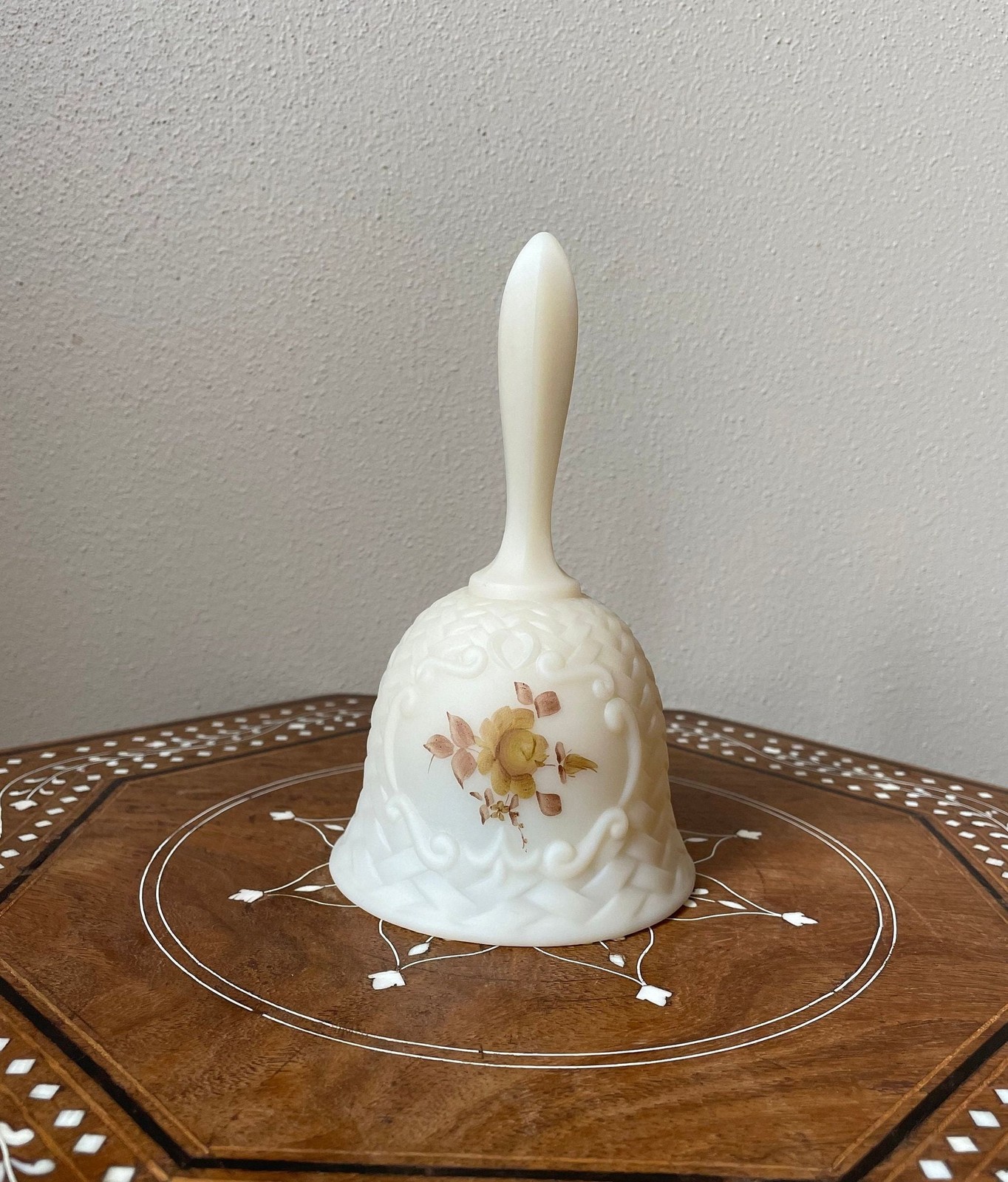 Vintage Fenton Hand Painted Bell Frosted Satin Custard Brown Rose Signed