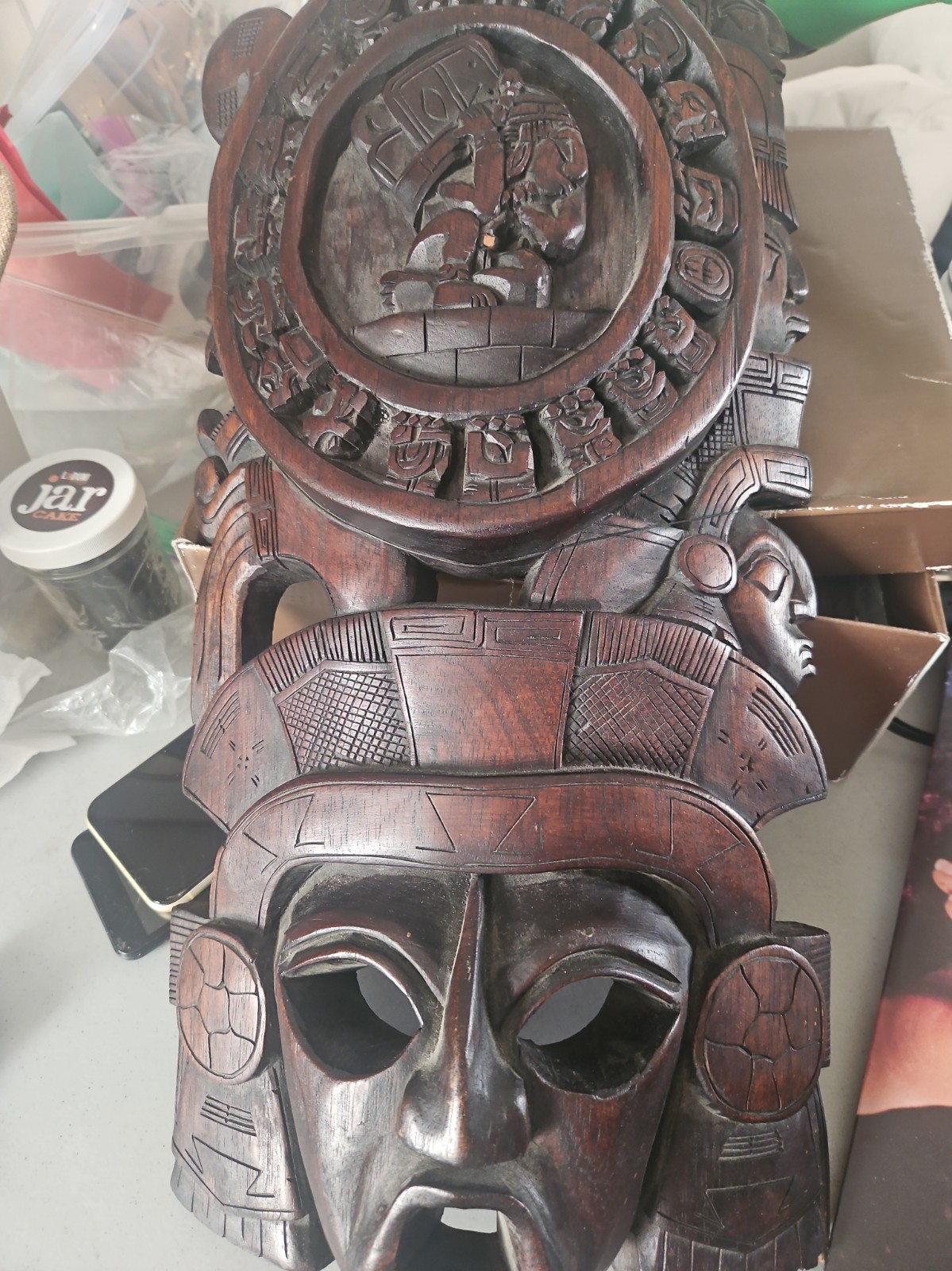 Vintage Mayan Aztec Tribal Mask Hand Made Carved Wood Warrior Jaguar Solid Wood