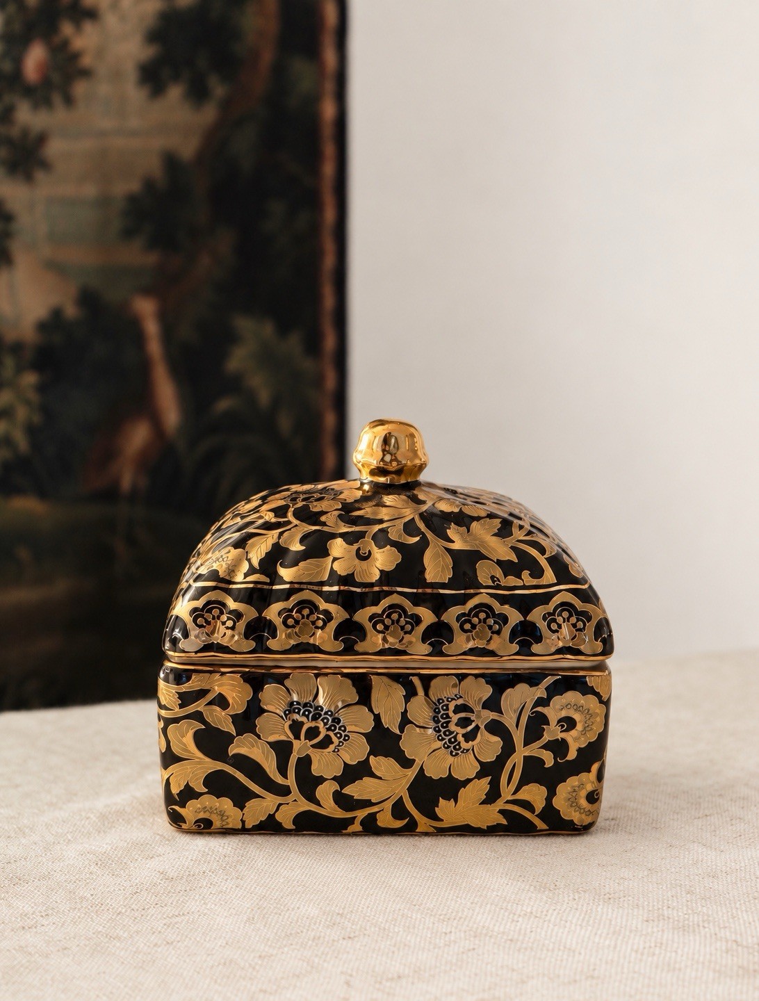 Vintage Black & Gold Floral Ceramic Trinket Box w/ Lid, Small Rectangular