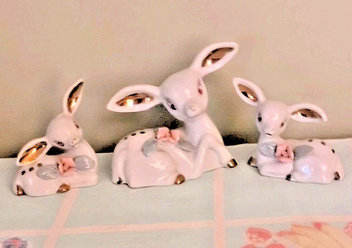 3 Vintage White & Gold Spotted Deer Doe & Fawn Figurines Porcelain Decor 🎄 Xmas