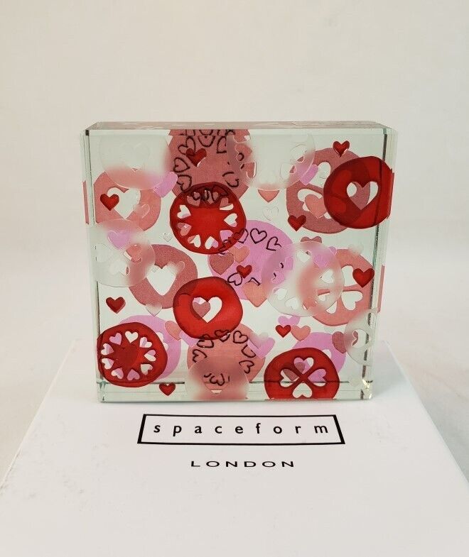 NIB Spaceform London Medium Glass Paperweight, Collage Love Hearts, Red