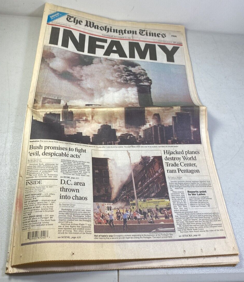 THE WASHINGTON Times Newspaper September 12, 2001 9/11 New York Trade Center