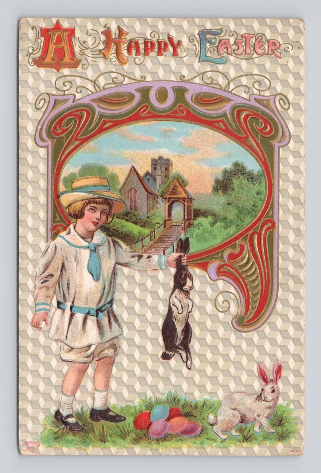 Postcard Happy Easter Embossed Girl Holding Rabbit by Ears 1912