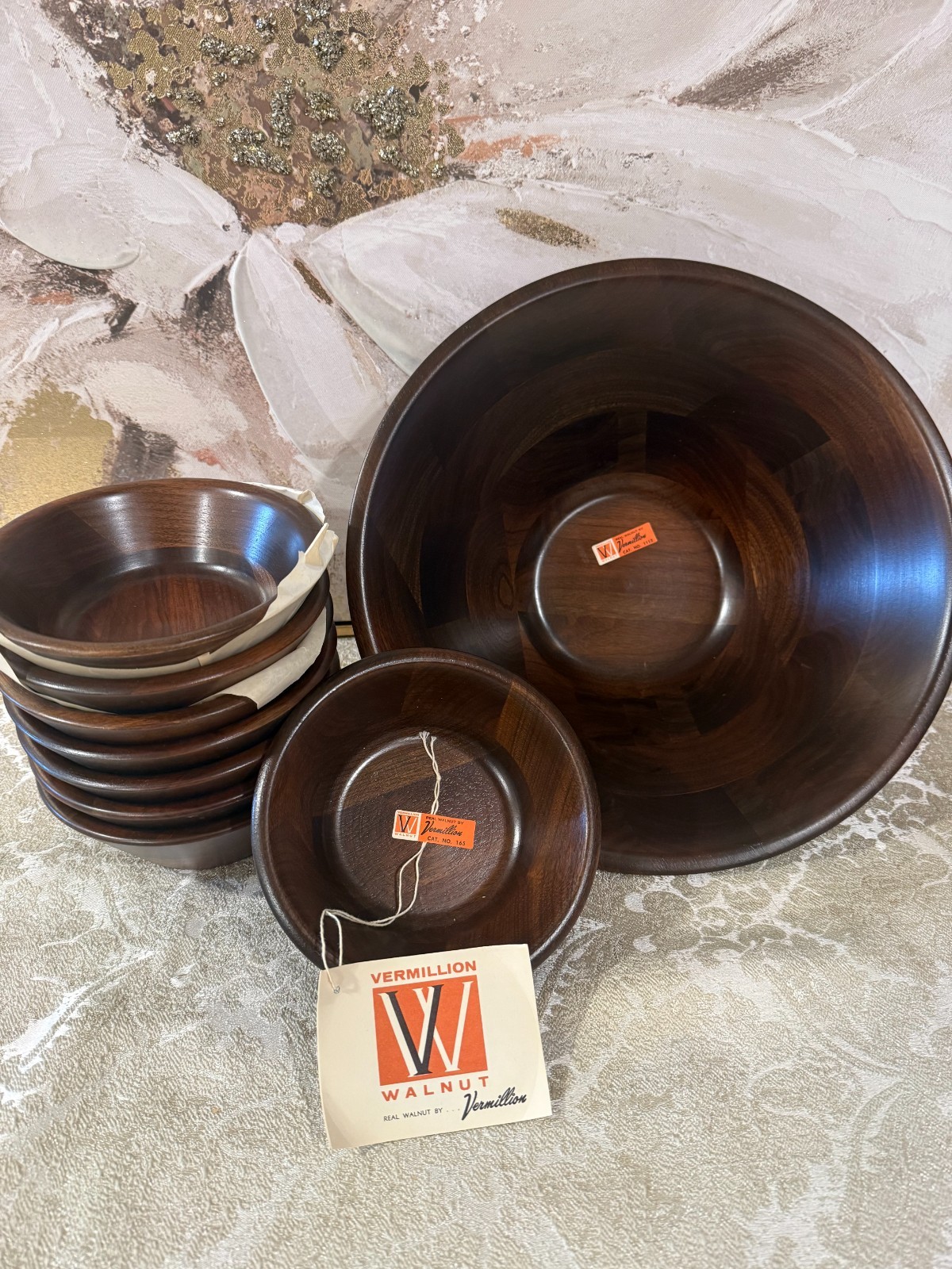 Vintage Vermillion Real Walnut 9 Pc Salad Bowl Set Large 11.5\