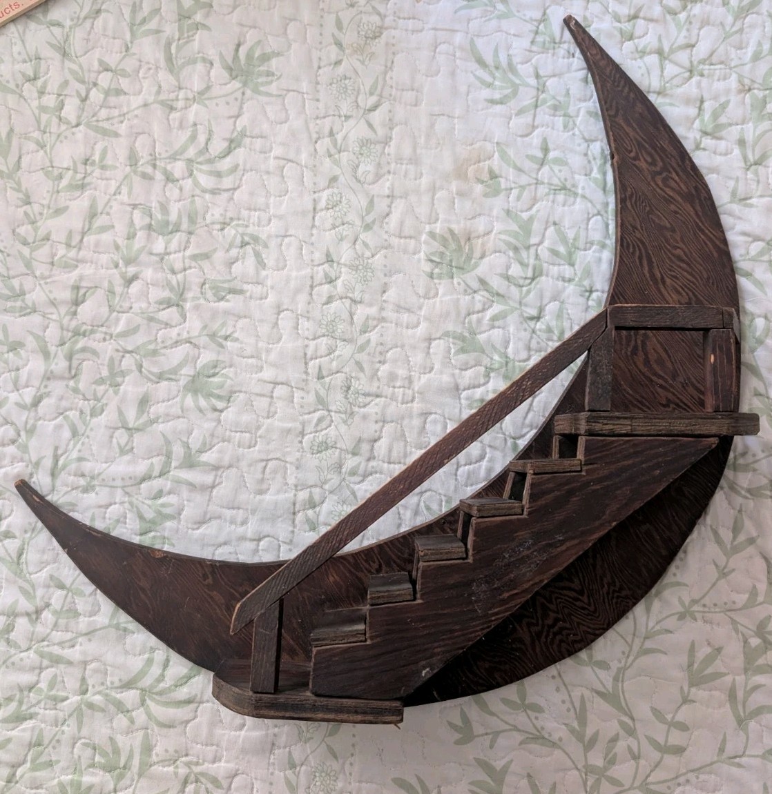 Vtg MCM Wooden Crescent Moon Staircase Shelf Wall Hanger