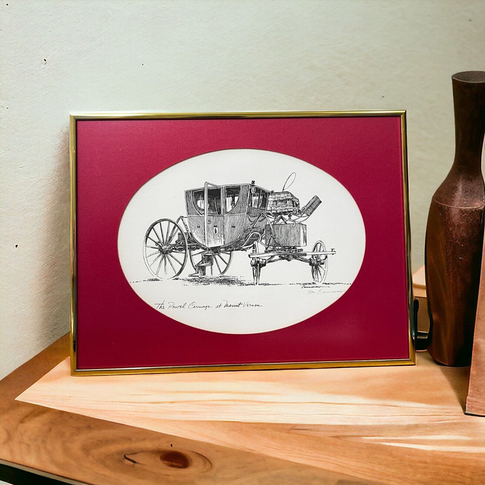 Vintage Signed Framed Lithograph of Sketch The Powel Carriage at Mount Vernon