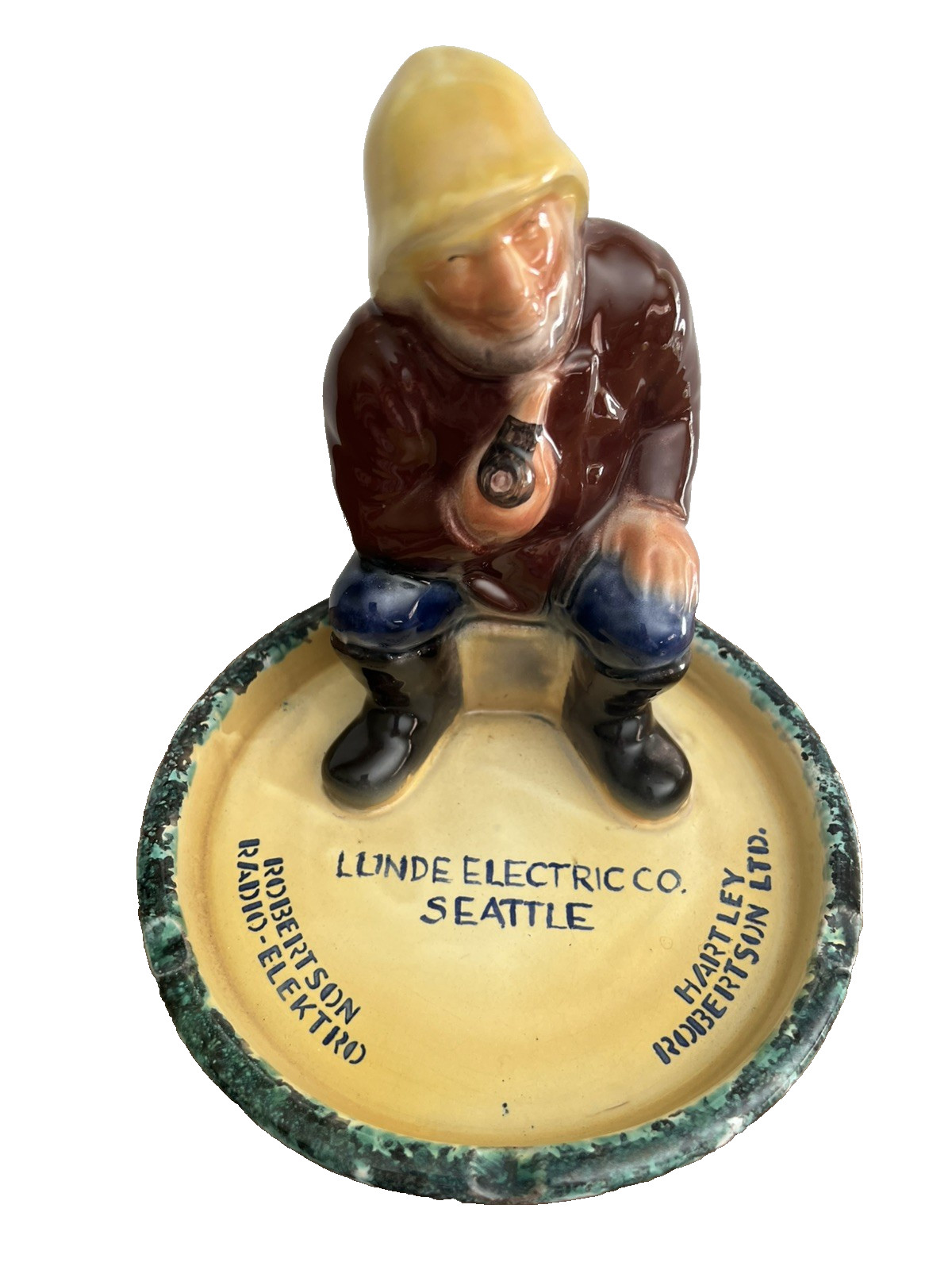 Vtg Fisherman Egersund Norway? SEATTLE Marine AD Ashtray Promo Lunde Electric