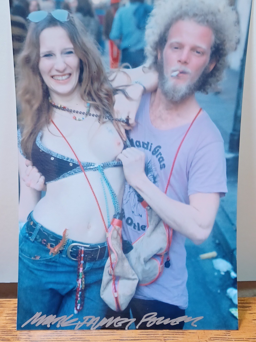 Hippy Couple Mardi Gras Boob Showing 4 x 6” Photo Signed Mark James Powers JB4F