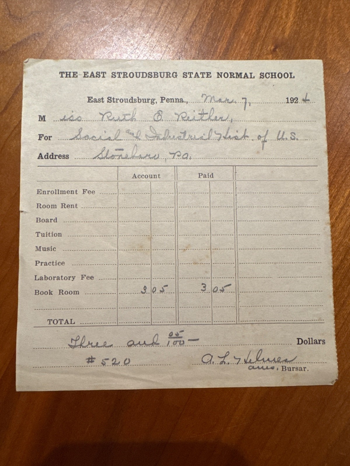 FREE SHIP 1924 East Stroudsburg State Normal School Invoice for Books