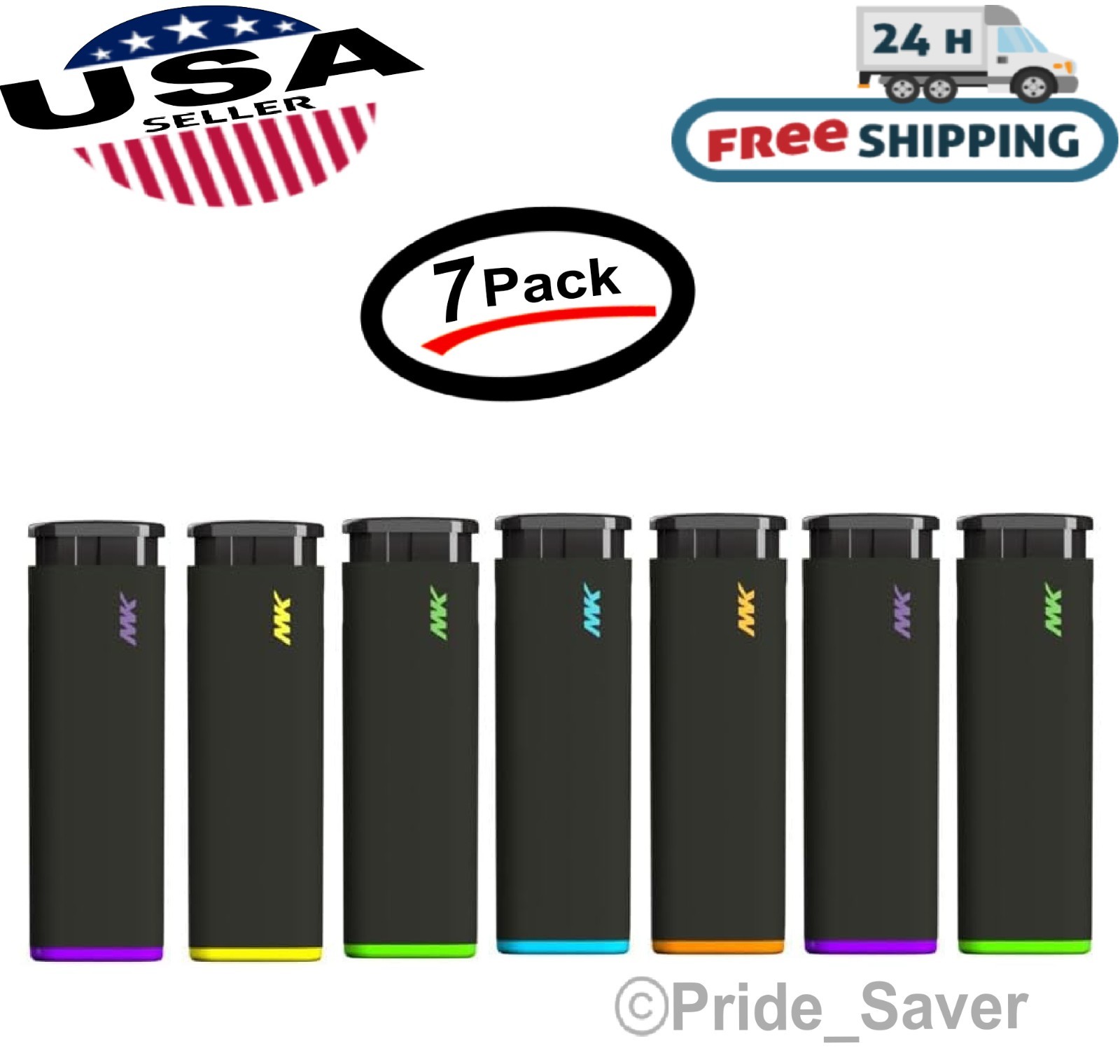 MK Jet Black Pocket Lighter, Striking Design Refillable Windproof Flame (7 Pack)