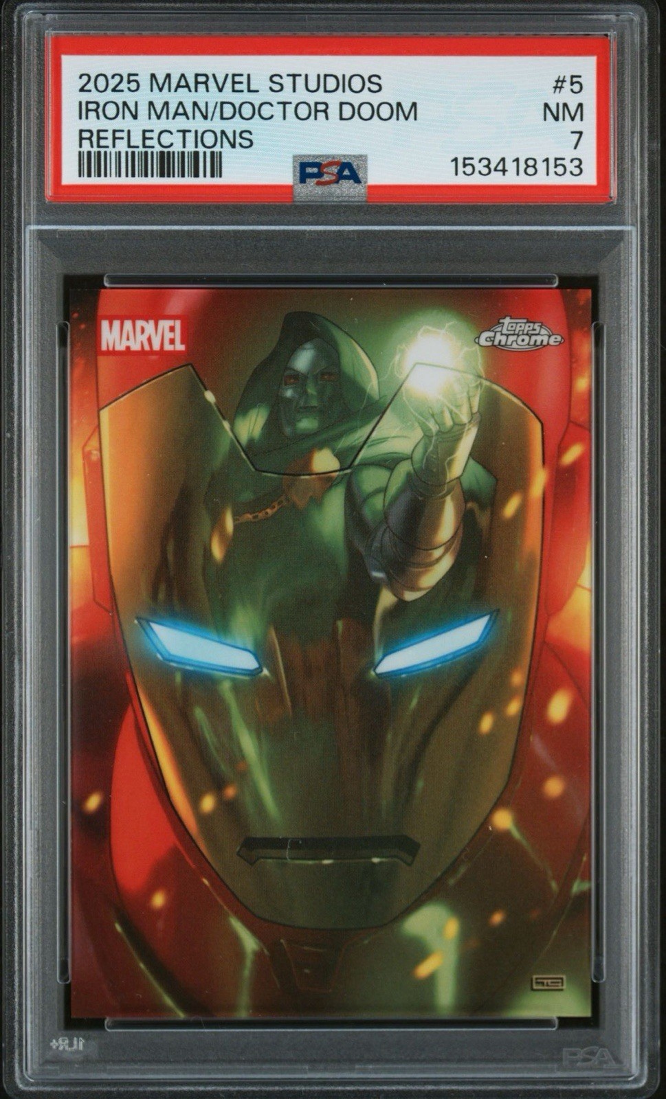 Topps 2025 Marvel Studios Chrome Reflections Iron Man/Doctor Doom PSA 7