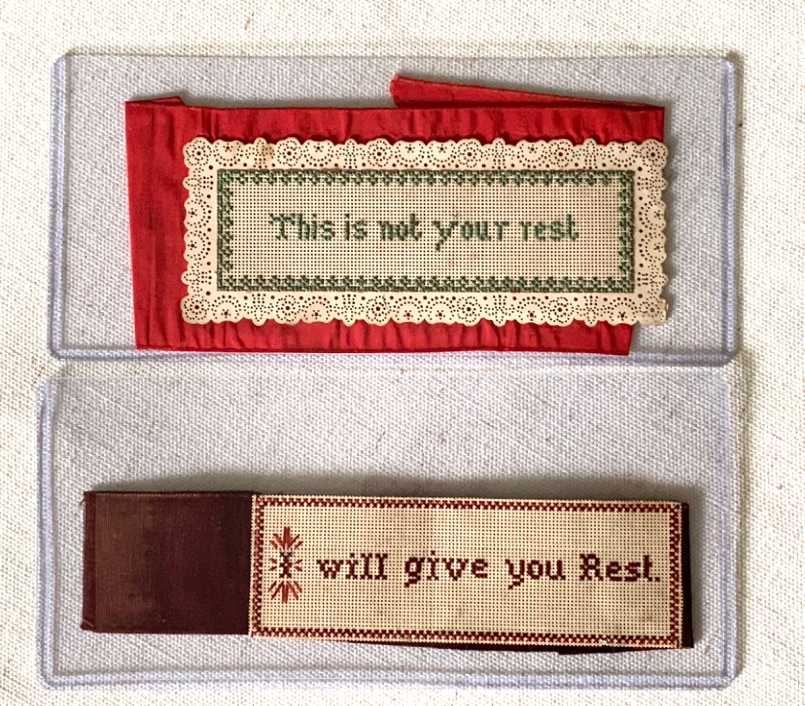 TWO antique ~~ PAPER PUNCH BOOKMARKs  ~ Matthew 11:28 I Will Give You Rest