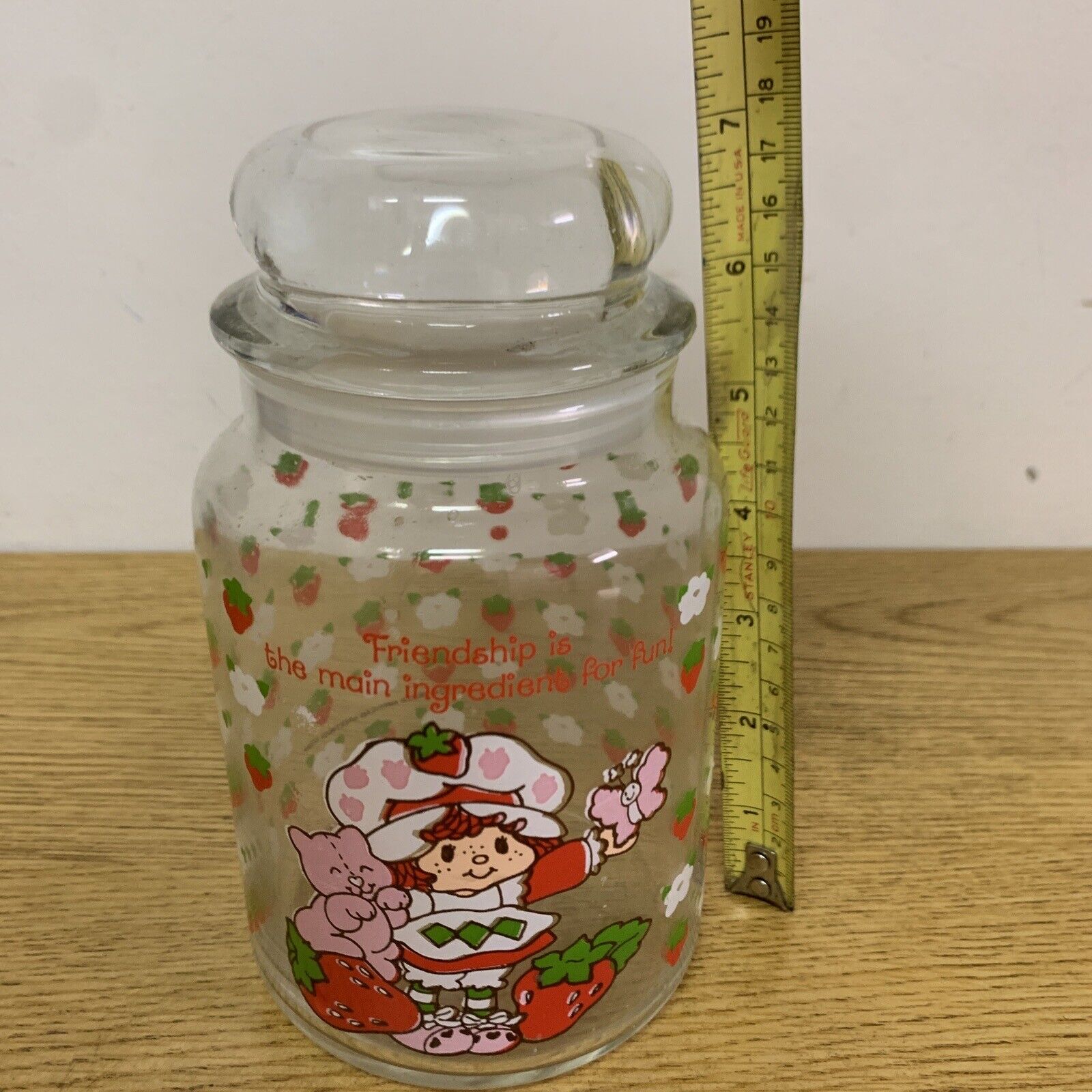Vintage Strawberry Shortcake Glass Canister Jar & Lid 1981.  26 oz. 7”Rare