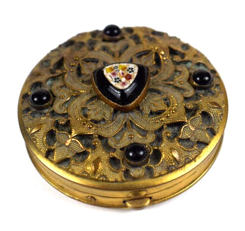 Antique French Jeweled Micro Mosaic Gold Ormolu Miniature Compact Mirror Case