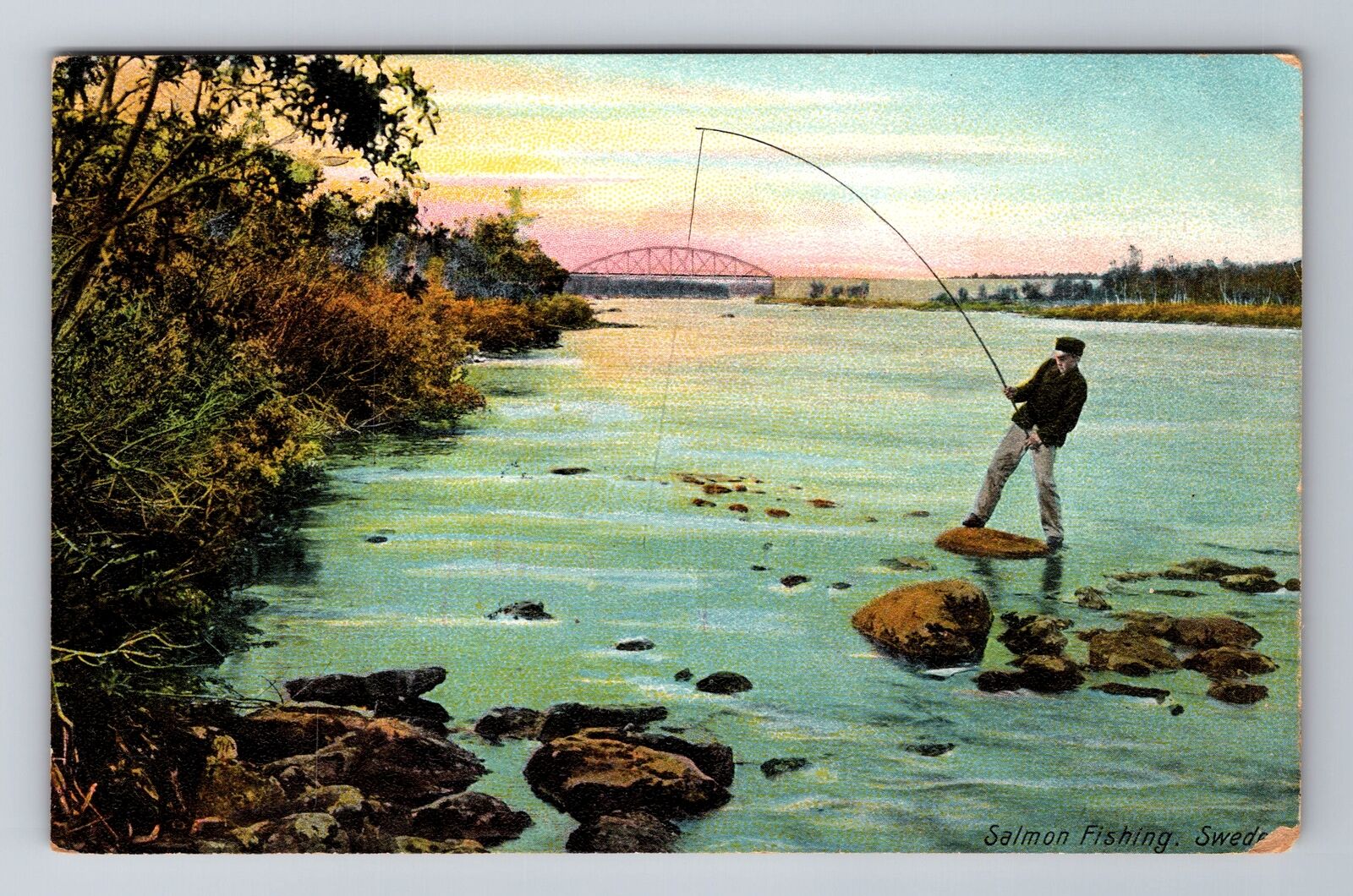 Sweden, Salmon Fishing, Antique Vintage Souvenir Postcard
