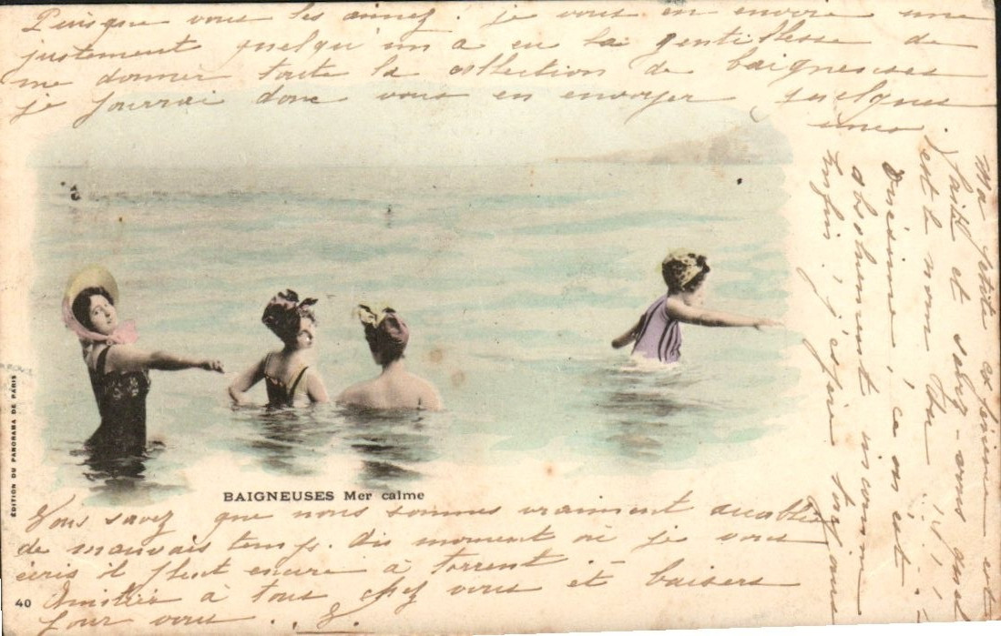 Ladies Bathing in the Sea, Early Vintage Postcard, 