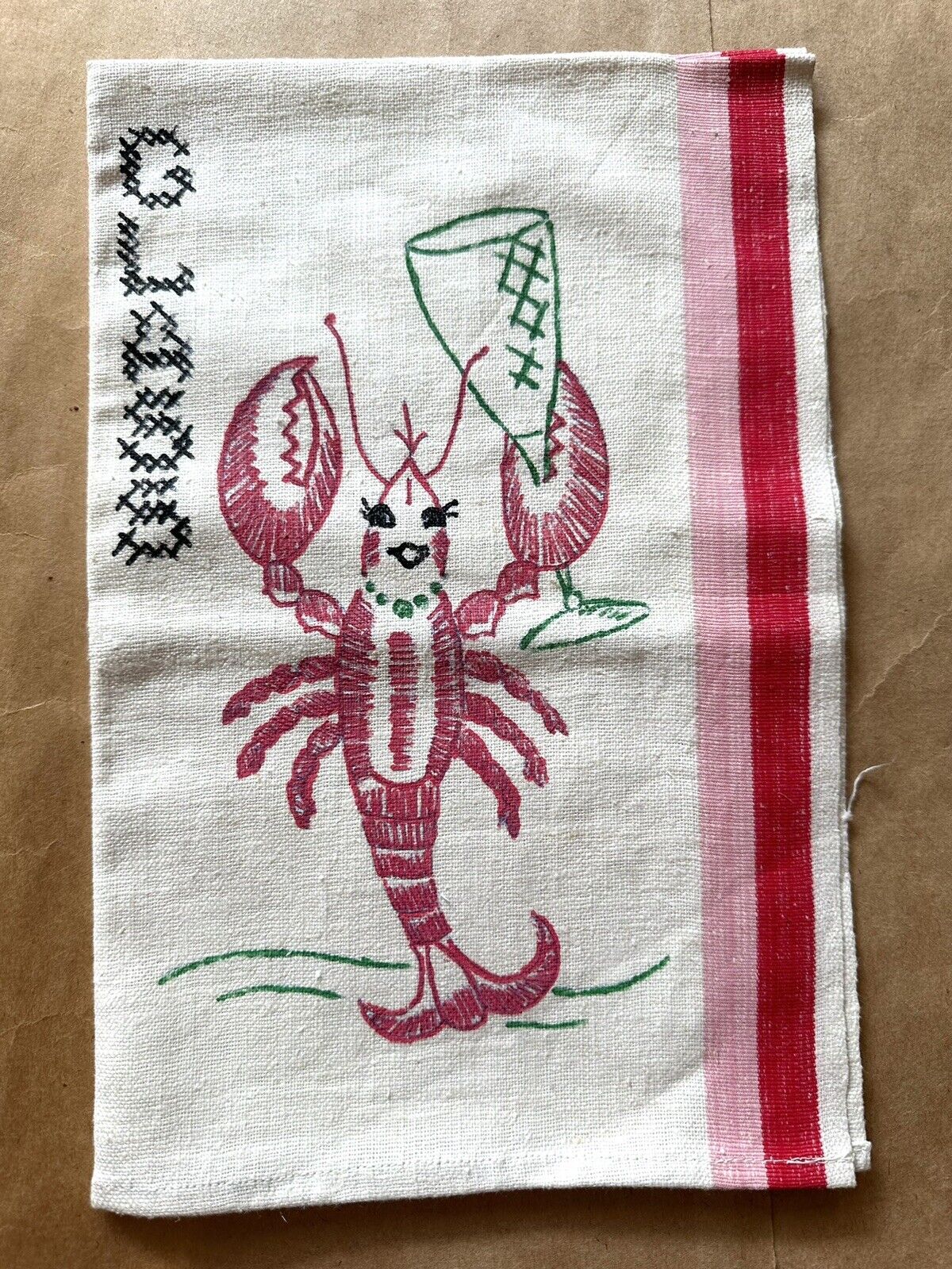 Vintage MCM 1950s Lobster cocktail embroidered glass kitchen towel kitsch