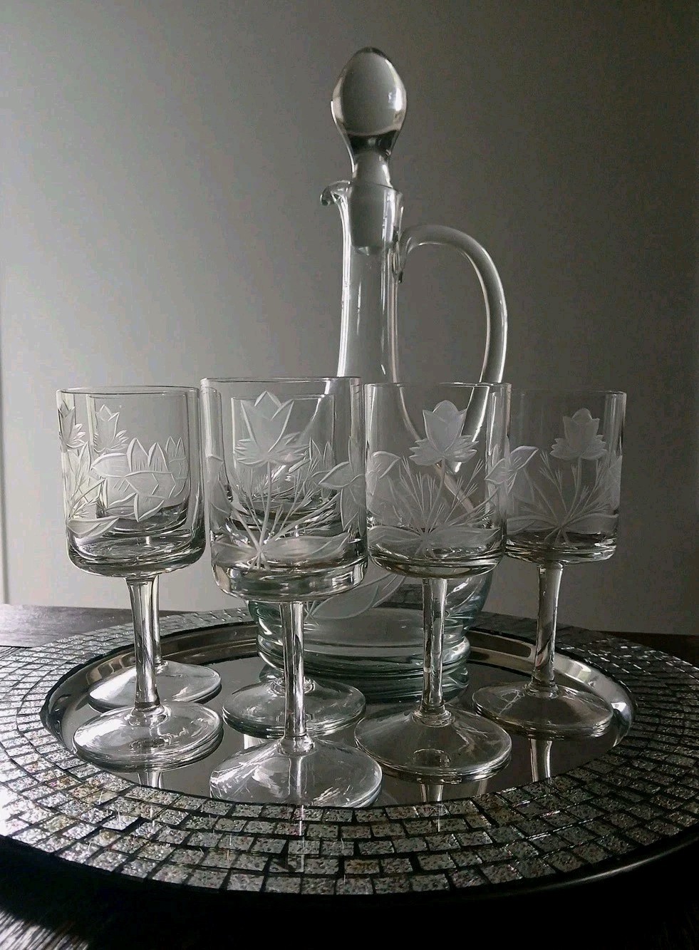 (6) Crystal Wine Glass Set w Decanter Toscany Romanian Etched \